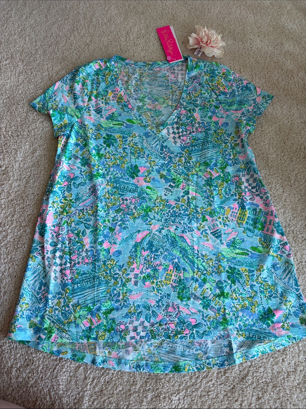 Lilly Pulitzer Etta Aqua, Green & Pink V-Neck tee, S, NWT